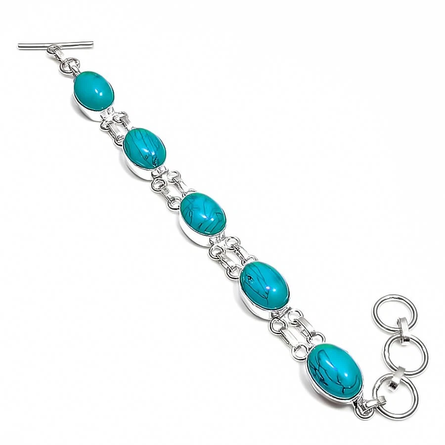 Turquoise Gemstone Handmade 925 Sterling Silver Jewelry Bracelet Sz 7-8" - Image 1 of 1