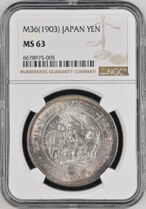:1903(M36) 1-YEN JAPAN DRAGON-EYE NGC CHOICE MS63 LOW-POP RARE R3 HIGHEST-GRADES - Picture 1 of 2