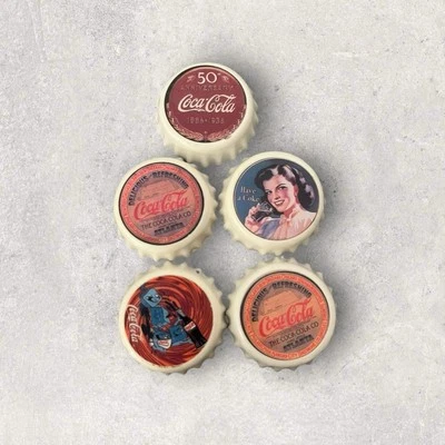 Vintage Lot of 5 90s Coca Cola Bottle Caps Magnets Pin Up 50th Anniversary - Image 1 of 4