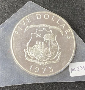 1973 Liberia $5 Dollars 0.9000 Silver ASW 0.9867 Oz Free Shipping - Picture 1 of 2