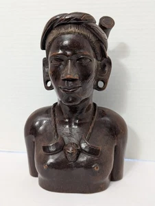 Hand Carved Dark Wood African Bust Statue Tribal Woman Figure Necklace Ebony... - Picture 1 of 9