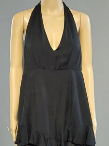 Trixxi Romper Womens L Black Ruffle Halter Plunge Backless Neck Tie - Picture 1 of 10