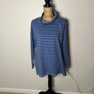T Talbots Blue Black Striped Tunic Pullover Sweater Cowl Neck Relaxed Size M - Picture 1 of 8