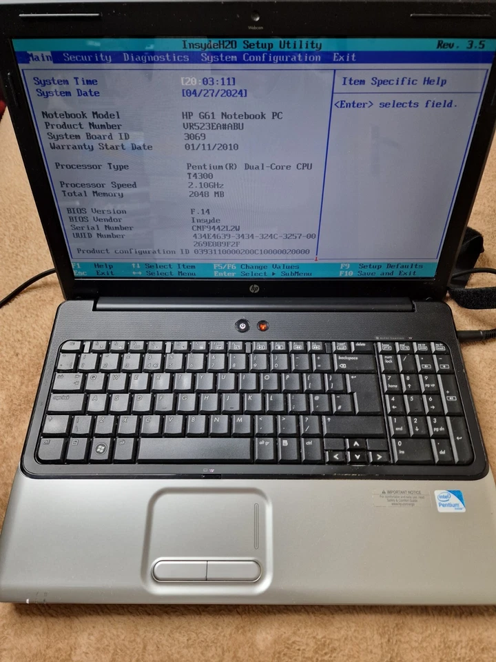 Hp G61 Laptop Pentium Dual Core T4300 2.1GHz No Hdd 2gb Ram Untested Read... - Image 1 of 4