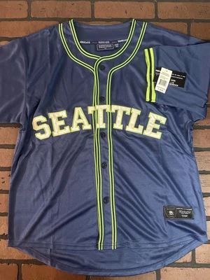 Camiseta de béisbol SEATTLE azul y verde bordada con botones ~nunca usada~ M-2XL Foto 1 de 3