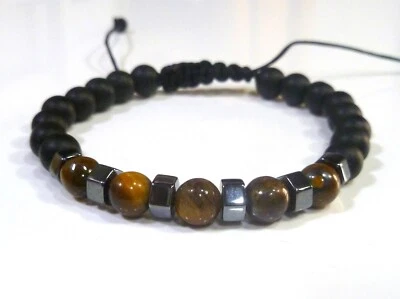 ONYX MIT TIGERAUGEN HANDGEFERTIGTES GEFLOCHTEN VERSTELLBAR ARMBAND - Bild 1 von 3