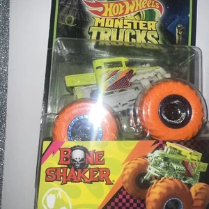 HW 2021 Monster Truck BONE SHAKER Glow In The Dark Lime Yellow - Orange Wheels - Picture 1 of 5