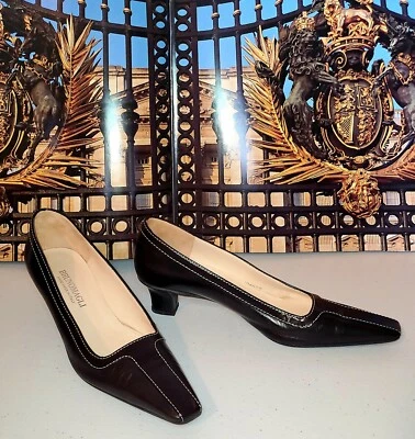 Bruno Magli Brown Leather Heels With Cream Stitching Size 6 1/2 - Imagem 1 de 4