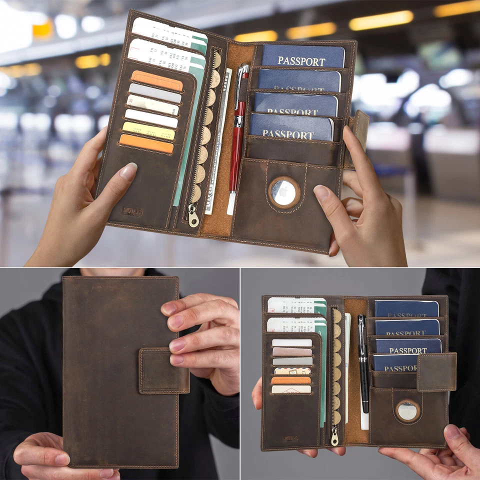 Leather RFID 4 Passport Holder Travel Wallet With AirTag Card Slot Family Travel - Image 1 of 4