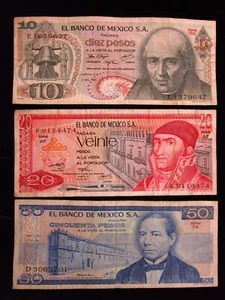 Mexico 10P 1971, 20P 1973 & 50 Pesos 1978 Lot Banco de México Money h9647 - Picture 1 of 2