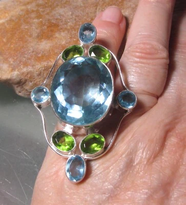 925 silver 24gr huge cut blue topaz lab spinel mix cocktail ring UK O-O½/US 7.25 - Image 1 of 4