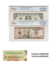 $1 and $10 Set of 2 Note MATCHING SERIAL NUMBERS 66666619 PCGS Graded 66/68 PPQ - Picture 1 of 3