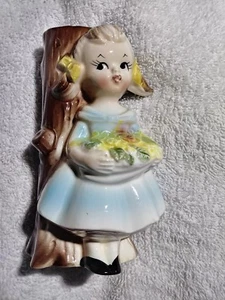 CAFFCO Girl Figurine Vase Ceramic 6" DRESS Flowers Tree Blue Yellow RARE Vintage - Picture 1 of 8