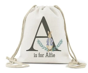 Personalised Drawstring Bag, Boys Peter Rabbit, Name, Nappy, Nursery, P.E Bag, - Picture 1 of 3