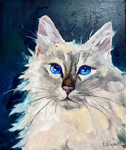 Pintura al óleo original gato birmano atigrado gato blanco retrato impresión arte gatito - Imagen 1 de 9