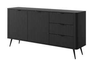 Kommode 163 cm Schwarz 2 Türen & 3 Schubladen Riffeloptik Schwarzfüße Sideboard - Bild 1 von 7