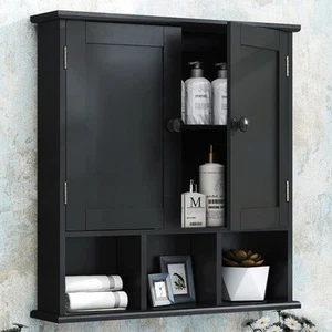 Black Bathroom Cabinet, Wall Mounted 2 Door Storage With Adjustable Shelves, ... - Picture 1 of 9