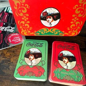 Coca Cola Playing Cards 2 decks Red Green Metal Tin + New Clear Deck in Case - Picture 1 of 18
