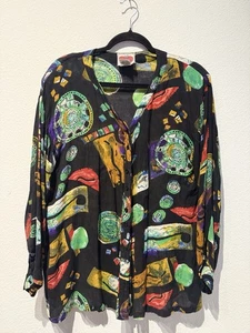 Vintage Rosey Tomato Geo Art To Wear Print Blouse Size Large Made In Nepal - Picture 1 of 6