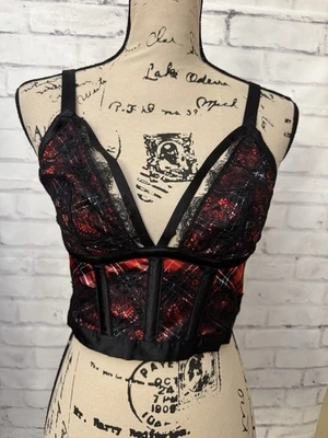 Victoria’s Secret Very Sexy Corset Bra Girly Large Red Black Plaid Lace  - Image 1 of 4