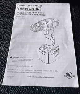 Taladro-atornillador Sears Craftsman 3/89 pulgadas 9,6 voltios 315.115330 manual del propietario SOLO - Imagen 1 de 3