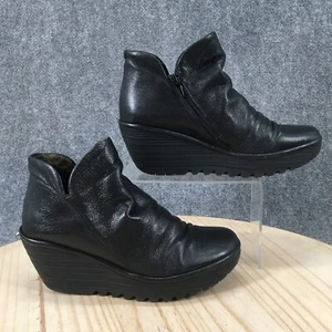 Fly London Boots Womens 39 Yip Ankle Booties Black Leather Wedge Zip Round Toe - Picture 1 of 17
