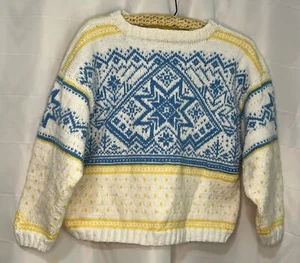 Suéter tejido grueso hecho a mano para mujer talla pequeña azul amarillo estilo Noruega - Imagen 1 de 2
