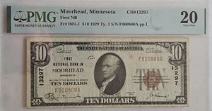 $10 1929 Primer Billete de Banco Nacional de Moorhead MN PMG 20 VF Ser# F000800A Binario - Imagen 1 de 2