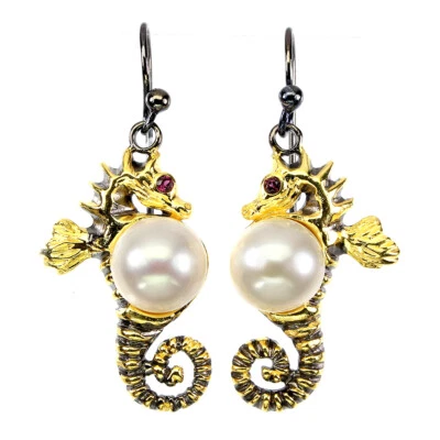 Pendientes de plata de ley 925 con perlas blancas de 10 mm rodolita granate caballo de mar Foto 1 de 4