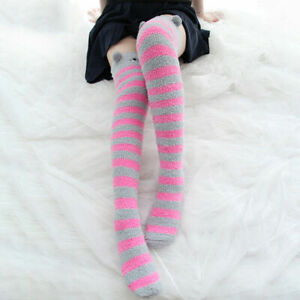 Anime Coral Fleece Stripe Stocking Cosplay Lolita Girl Thick Thigh Highs Socks