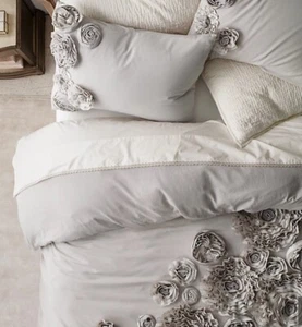 Restoration Hardware Twin Duvet Cover Applique Fiore Vintage Crochet Sateen Gray - Picture 1 of 7