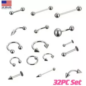 32Pcs Surgical Stainless Steel Body Piercing Ring Tongue Nipple Nose Ear Waist - Picture 1 of 3