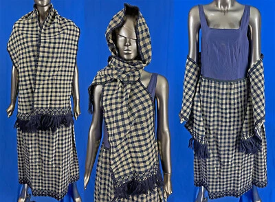 Vestido eduardiano azul blanco lana tejido sarga tweed dientes de caballo a cuadros bufanda chal Foto 1 de 3