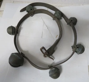 7 Antique Brass Horse Sleigh Petal Bells On 46" Leather Strap - Picture 1 of 10