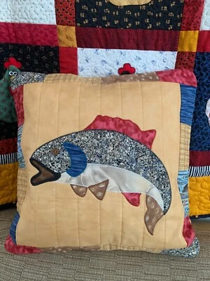 Throw Pillow FISH 15x15" Handmade USA Man Cave Cabin Throw Pillow - Image 1 of 2