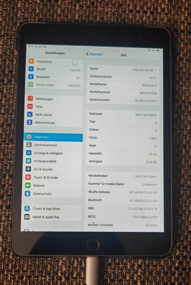 Apple iPad mini 3. 16gb Wifi + Cellular micro-SIM  LTE (Free) Graphit  Tablet PC - Bild 1 von 4