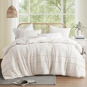 Cream Queen Size Comforter Set - 3 Pieces Pintuck Pleated Bedding Sets Queen, Al - Picture 1 of 6