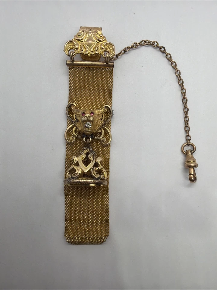 Antique Victorian Gold Filled Mesh Pocket Watch Chain & Jeweled Lion & Fob - Image 1 of 4