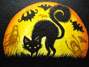 Watercolor Painting Black Cat Halloween Bat Ghost Sunset Nature ACEO Art - Picture 1 of 2