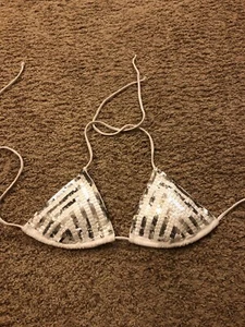 Victoria's Secret Bikini Top Only Sequined White Silver Stripe Large Vacation - Picture 1 of 8