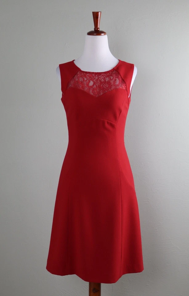 ANTONIO MELANI $159 Solid Red Sheer Lace Yoke Shift Heart Neckline Dress Size 0 - Image 1 of 4