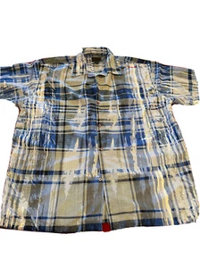 FUBU BLUE White Plaid Mens XL Shirt 1990s Button Up Short Sleeves Street Hip Hop - Picture 1 of 12