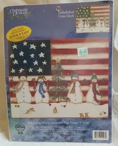 Willkommen im Winter Schneemänner Flagge Bild Kreuzstich Set CANDAMAR USA - Bild 1 von 5