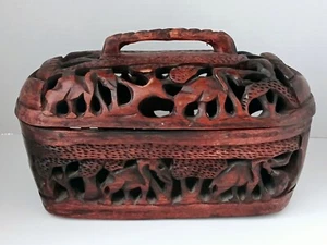 African Carved Wood Bread Basket With Elephants Trees Lid - Picture 1 of 11