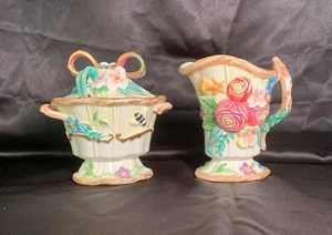 Fitz and Floyd Sugar Bowl with lid & spoon plus Creamer, Flowers & Butterflies - Picture 1 of 6