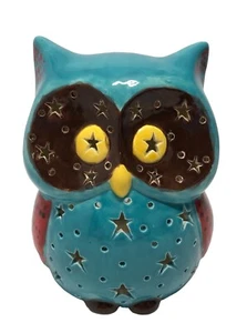 Ceramic Great Horned Owl Luminary Tea Candle Lantern Cottage Artist Piece Signed - Picture 1 of 17