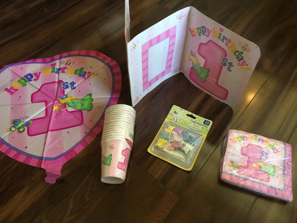 6 PC GIRLS 1ST FIRST BIRTHDAY PARTY SUPPLIES princess BALLOON CUPS NAPKINS SIGN - Image 1 of 4