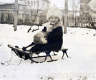 1924 Doll Baby Girl in Winter Fur Hat Muff coat on Sled Christmas Carol