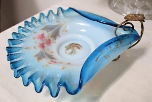Antique VICTORIAN Opalescent Art Glass CANDY DISH Blue Handpainted Ruffled - Picture 1 of 6