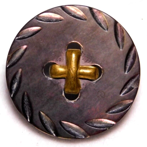 Antique Vtg Carved & Pierced Pearl Shell BUTTON w a Brass Center NICE Cover